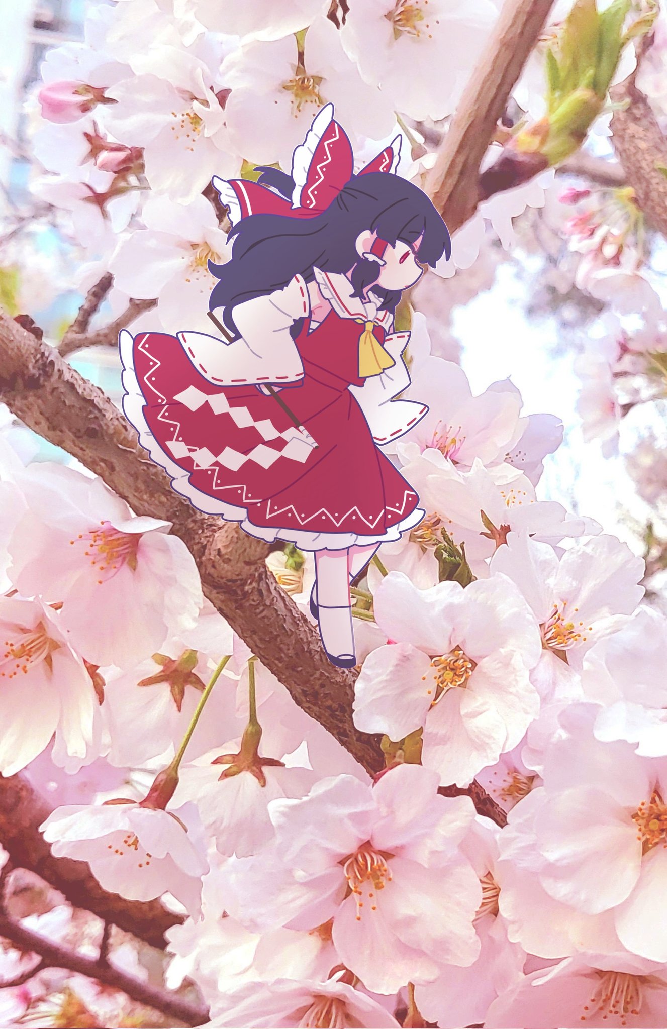 1girl, ascot, bow, brown_hair, cherry_blossoms, commentary, detached_sleeves, frilled_bow