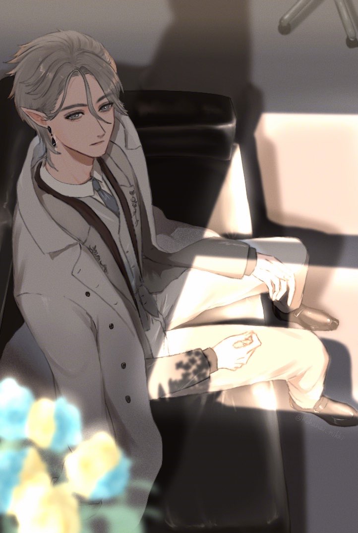 1boy, black_footwear, blazer, blue_flower, blue_necktie, blue_rose, business_suit, buttons, chair, closed_mouth, coat, coat_on_shoulders, collared_coat, collared_shirt, commentary_request, couch, dress_pants, dress_shoes, earrings, elf, expressionless, eyelashes, flower, full_body, grey_eyes, grey_hair, grey_jacket, grey_pants, grey_suit, grey_vest, hair_between_eyes, indoors, jacket, jewelry, kohanai_setsuna, lapels, layered_sleeves, long_sleeves, male_focus, mercury_(shining_nikki), necktie, nikki_(series), notched_lapels, office_chair, on_couch, open_clothes, open_jacket, pants, plant, pointy_ears, potted_plant, rose, shadow, shining_nikki, shirt, short_hair, sitting, solo, suit, sunlight, swivel_chair, thick_eyebrows, vest, white_coat, white_shirt