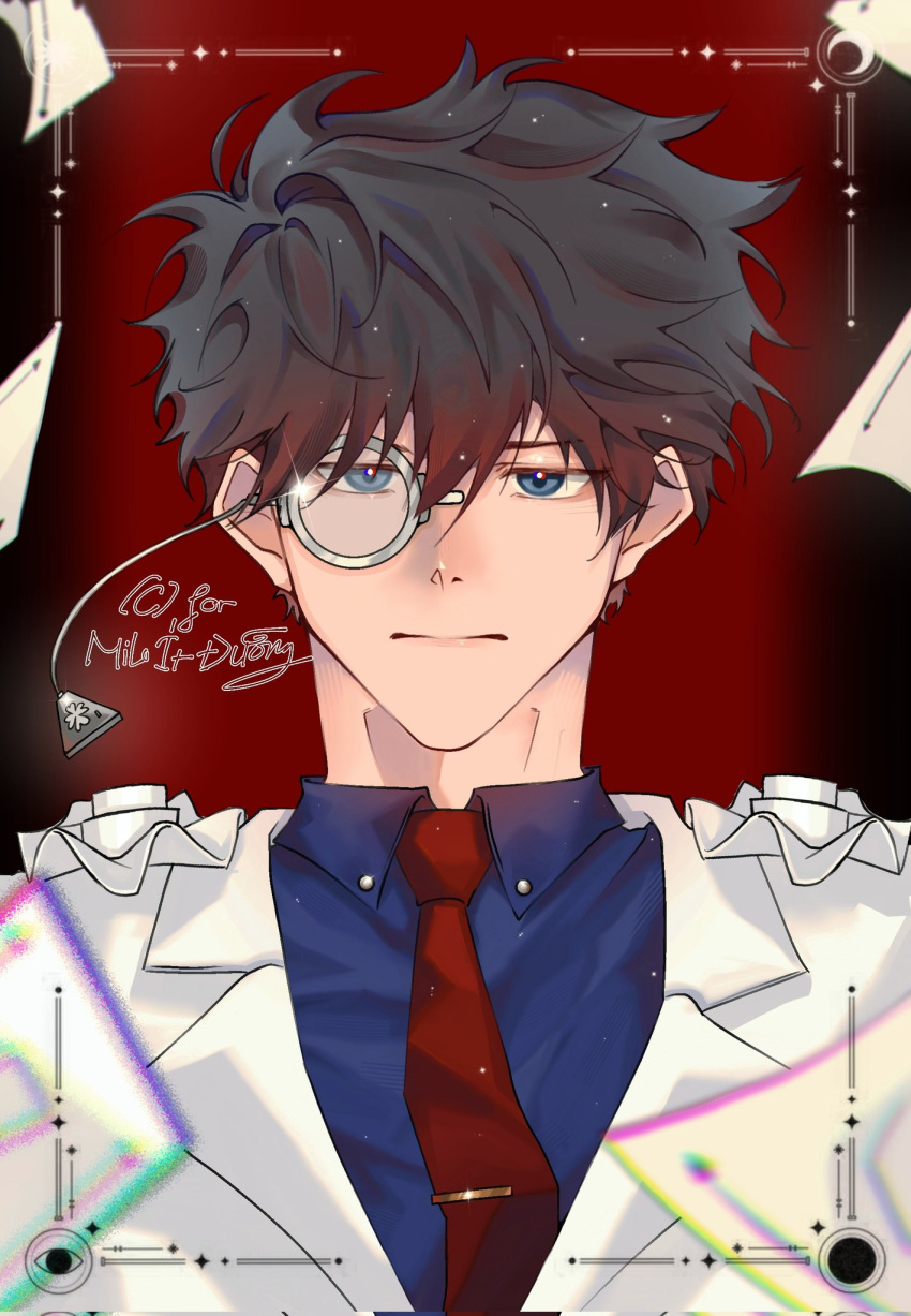 1girl, black_hair, blue_eyes, blue_shirt, closed_mouth, collared_shirt, commission, falling_paper