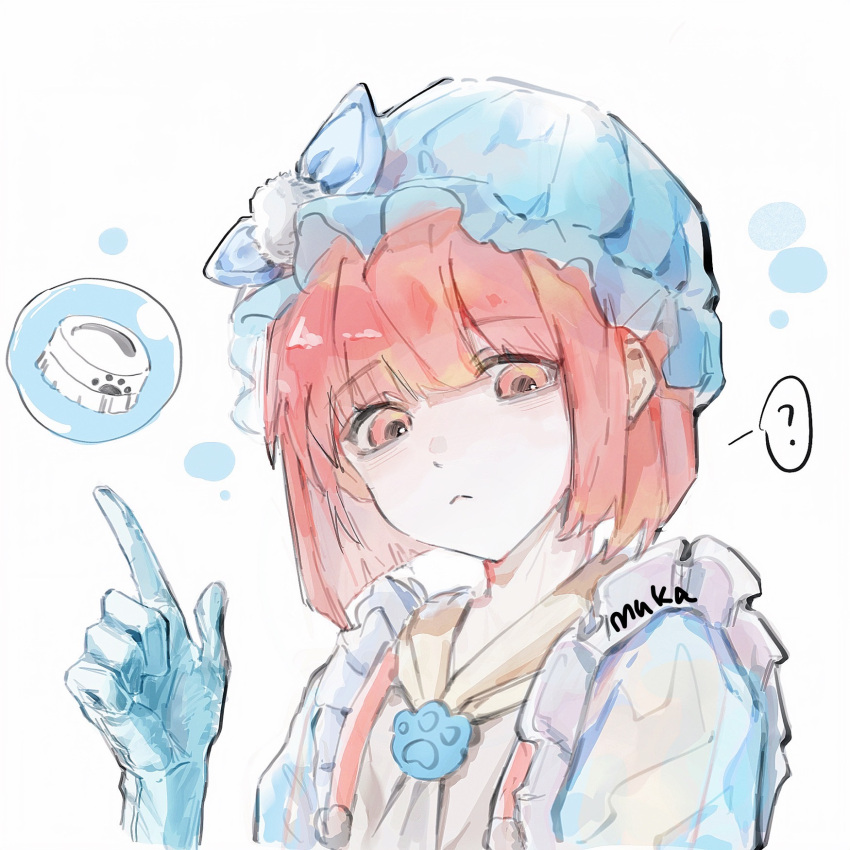 1girl, apron, blue_bow, blue_gloves, blue_hat, blue_shirt, blunt_bangs, blunt_ends, bob_cut, bow, brown_hair, bubble, bye-bye_dust_(infinity_nikki), closed_mouth, dot_nose, eyelashes, frilled_apron, frilled_headwear, frills, frown, gloves, hair_brush, hat, hat_bow, highres, infinity_nikki, mob_cap, muka_(lz479), nikki_(series), paw_print, pink_eyes, pink_hair, pointing, pointing_up, pom_pom_hat_ornament, puffy_short_sleeves, puffy_sleeves, rubber_gloves, see-through_clothes, see-through_sleeves, shirt, short_hair, short_sleeves, signature, simple_background, solo, speech_bubble, upper_body, white_background, yellow_apron