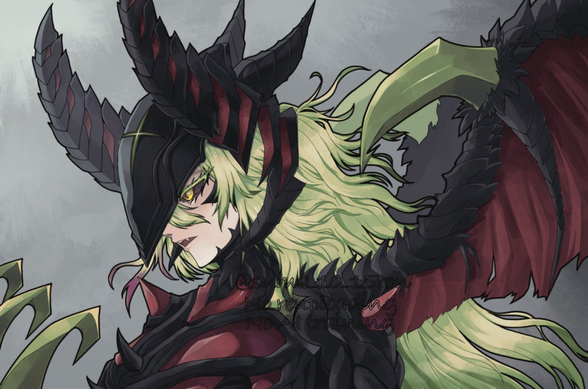 1girl, black_sclera, colored_sclera, diabellstar_the_black_witch, diabellstar_the_sin_adjudicator, duel_monster, green_eyes, grey_background, highres, horns, long_hair, simple_background, solo, tamatarou, upper_body, wings, yu-gi-oh!