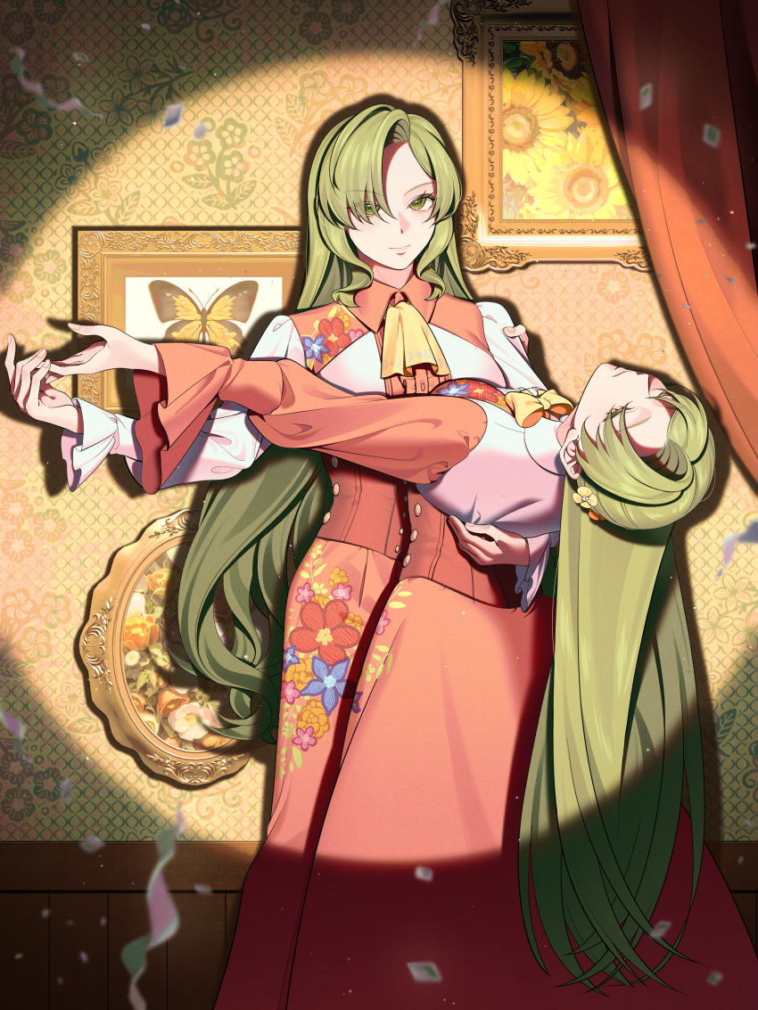 2girls, absurdres, adapted_costume, ascot, breasts, closed_eyes, closed_mouth, corset, dancing, dress, floral_print, flower, full_body, green_eyes, green_hair, guumin, hair_flower, hair_ornament, hair_over_one_eye, highres, holding, holding_umbrella, indoors, kazami_yuuka, kazami_yuuka_(pc-98), long_dress, long_hair, long_sleeves, medium_breasts, multiple_girls, multiple_persona, parasol, red_corset, red_dress, smile, standing, touhou, touhou_(pc-98), umbrella, very_long_hair, yellow_ascot