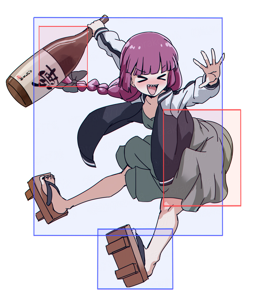 1girl, black_jacket, blazblue, bocchi_the_rock!, bottle, butt_bump, dress, fighting_game