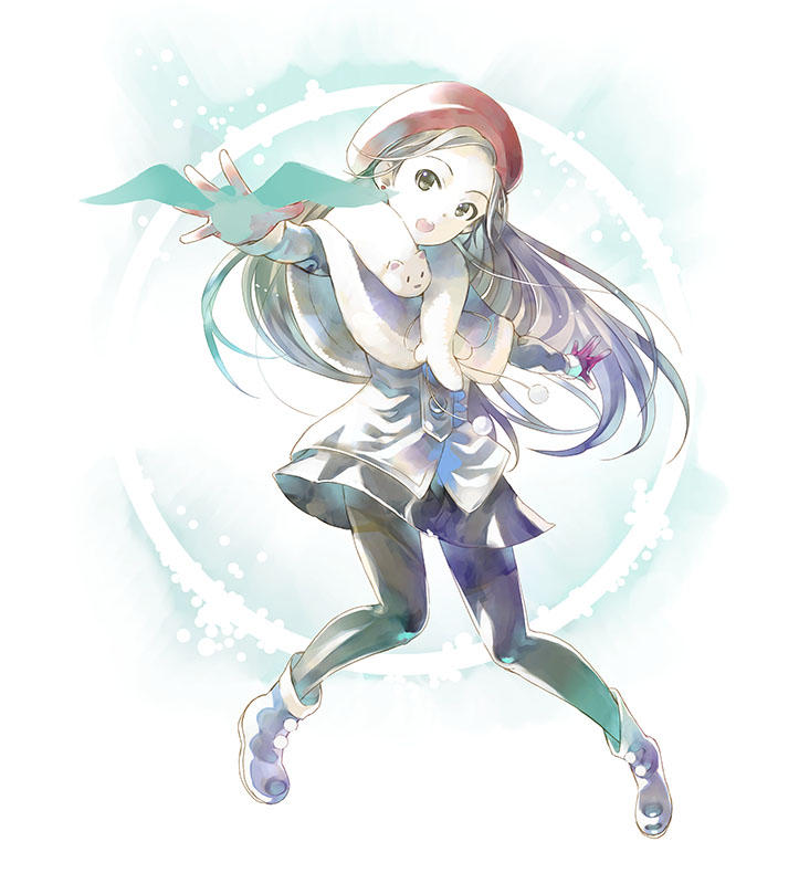1girl, beret, black_pantyhose, black_skirt, blue_capelet, blue_footwear, boots, brown_eyes
