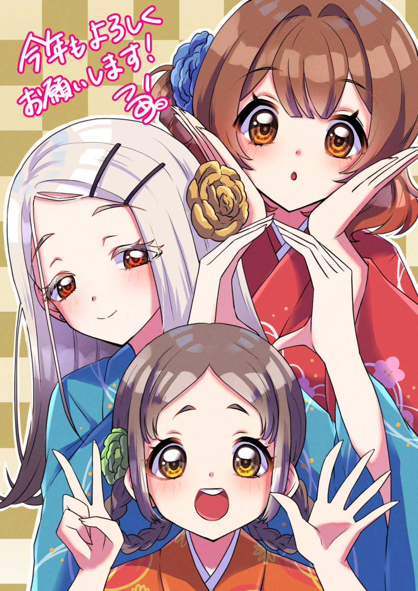 3girls, aqua_kimono, blush, braid, braided_hair_rings, brown_hair, checkered_background, commentary_request