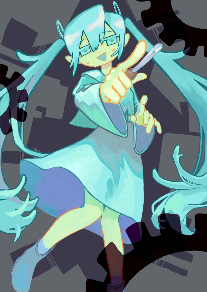 1girl, abstract_background, absurdres, alternate_costume, aqua_dress, aqua_eyes, aqua_hair, aruun, blue_footwear, dress, foot_out_of_frame, furrowed_brow, gears, grey_background, hatsune_miku, highres, holding, holding_screwdriver, kuragari_city_life_(vocaloid), long_hair, long_sleeves, nervous, nervous_smile, nervous_sweating, outstretched_arm, pointing, pointing_at_viewer, screwdriver, shoes, smile, solo, standing, standing_on_one_leg, sweat, very_long_hair, vocaloid, wide_sleeves