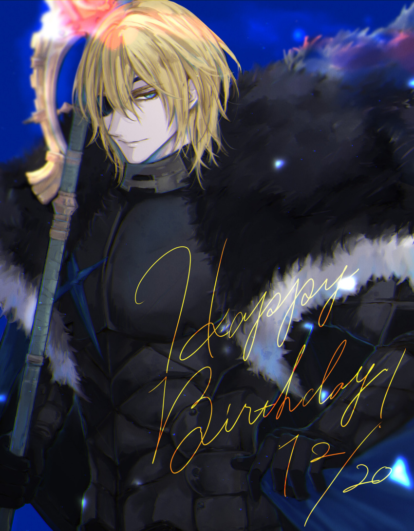 1boy, areadbhar_(fire_emblem), armor, black_armor, black_fur, blonde_hair, blue_background, blue_cape, blue_eyes, breastplate, cape, closed_mouth, commentary, cowboy_shot, dated, dimitri_alexandre_blaiddyd, english_commentary, english_text, eyepatch, fire_emblem, fire_emblem:_three_houses, hair_between_eyes, happy_birthday, highres, holding, holding_polearm, holding_weapon, looking_to_the_side, male_focus, mokichi_xx, one_eye_covered, ornate_weapon, polearm, sideways_glance, smile, solo, standing, weapon, white_fur