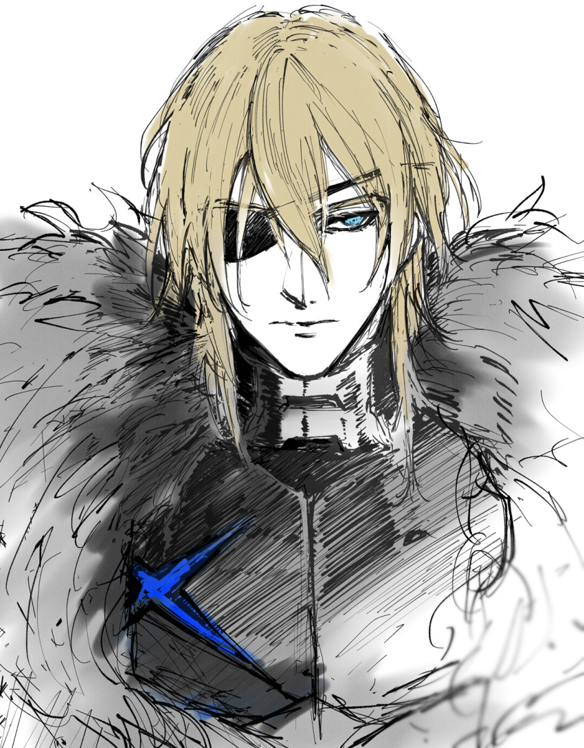 1boy, armor, black_armor, black_fur, blonde_hair, breastplate, closed_mouth, commentary_request, dimitri_alexandre_blaiddyd, eyepatch, fire_emblem, fire_emblem:_three_houses, hair_between_eyes, highres, looking_to_the_side, male_focus, mokichi_xx, one_eye_covered, sideways_glance, simple_background, sketch, solo, upper_body, white_background