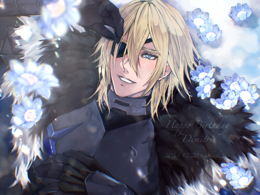 1boy, 2024, arm_up, armor, black_armor, black_fur, black_gloves, blonde_hair