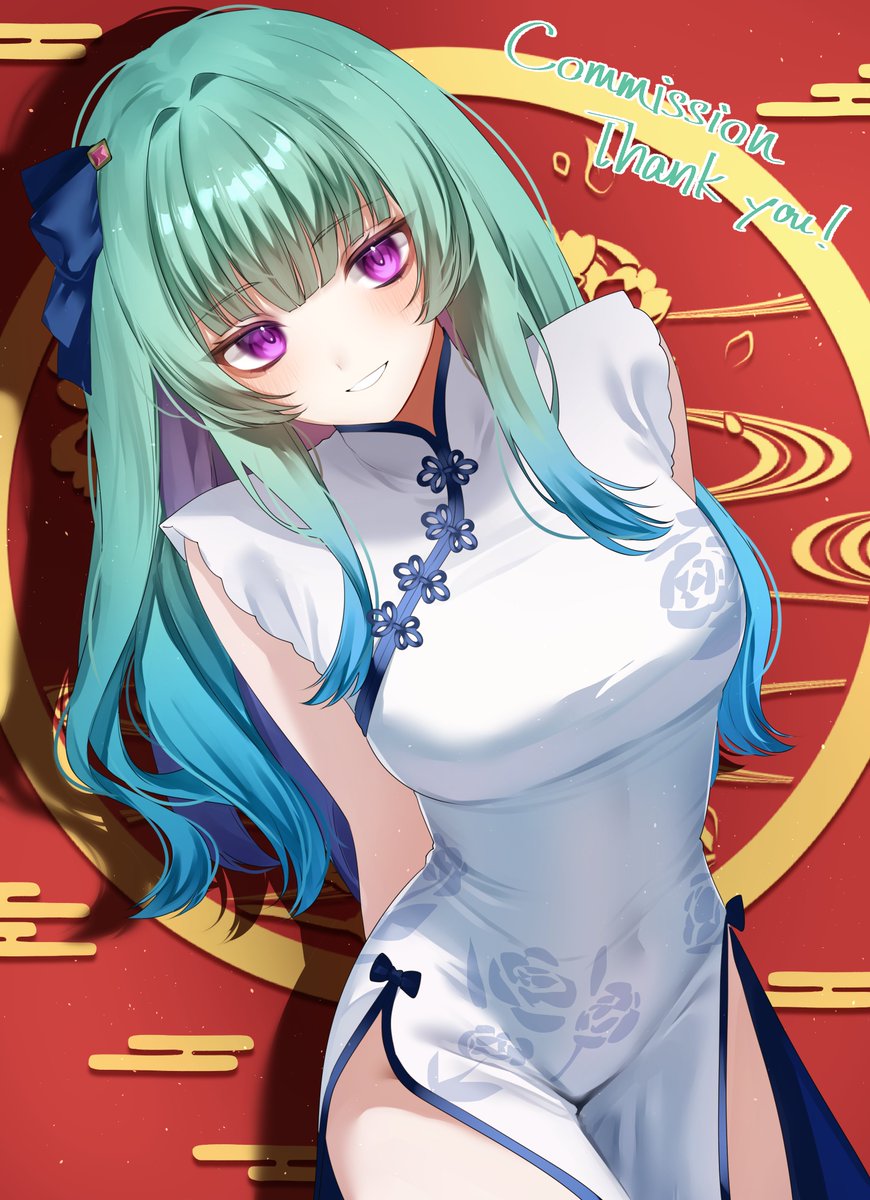 1girl, aqua_hair, arms_behind_back, blue_ribbon, breasts, china_dress, chinese_clothes, commission, dress, english_text, floral_print, glitch_stars, gradient_hair, green_hair, hair_ribbon, highres, long_hair, majokko_meimi, medium_breasts, multicolored_hair, purple_hair, ribbon, second-party_source, sohdvh_khos_ph, solo, thank_you, virtual_youtuber, white_dress
