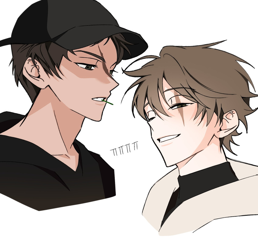 2boys, alien_stage, baseball_cap, black_hat, black_shirt, brothers, commentary, cropped_torso