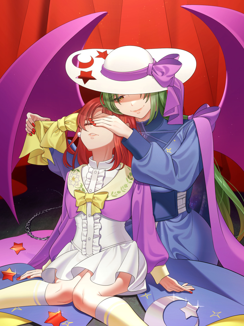 2girls, absurdres, adapted_costume, alternate_costume, blue_dress, bow, corset, covering_another's_eye