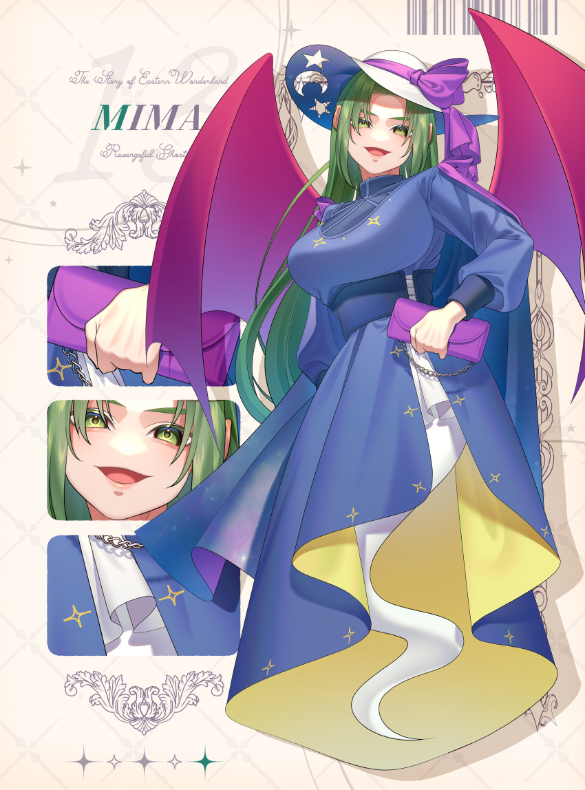 1girl, absurdres, adapted_costume, bag, blue_dress, bow, character_name, copyright_name