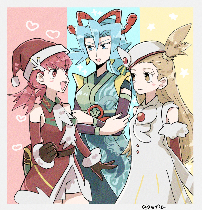 3girls, blue_eyes, blue_hair, blush_stickers, brown_eyes, brown_gloves, brown_hair, clair_(new_year's_2024)_(pokemon), clair_(pokemon), crossed_arms, dress, earrings, gloves, hat, heart, highres, horn_hair_ornament, jasmine_(holiday_2022)_(pokemon), jasmine_(pokemon), jewelry, looking_at_another, multiple_girls, official_alternate_costume, pink_eyes, pink_hair, pokemon, pokemon_masters_ex, santa_hat, shorts, shu_(witb_), star_(symbol), tooth_earrings, white_dress, white_hat, white_shorts, whitney_(holiday_2022)_(pokemon), whitney_(pokemon)