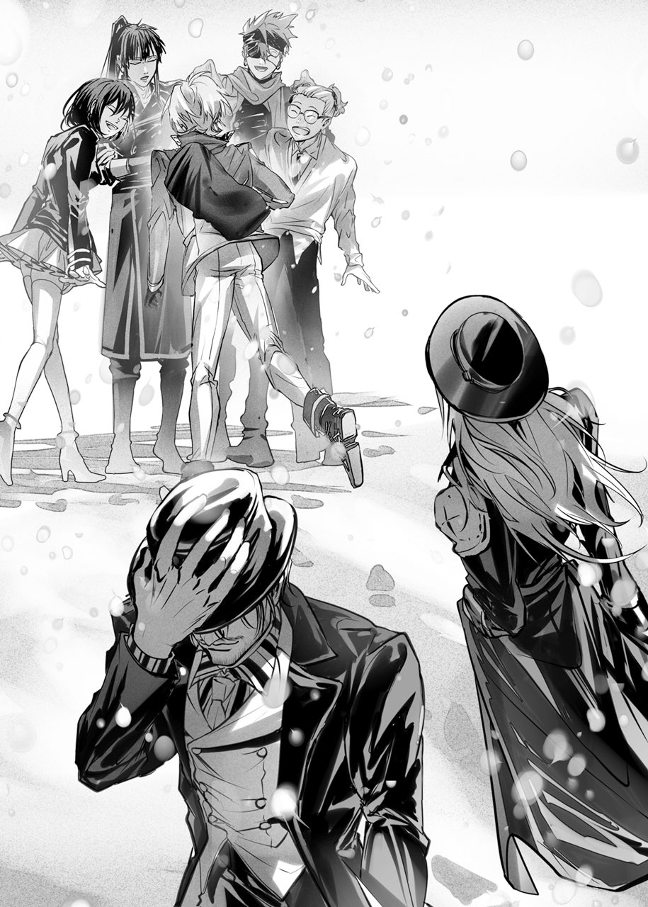 1girl, 6+boys, ainu, allen_walker, backpack, bag, black_coat, black_hair, black_hat, black_order_uniform, black_pants, black_suit, boots, closed_eyes, coat, cross_marian, d.gray-man, earrings, eyepatch, facial_hair, grey_coat, greyscale, hand_on_own_hat, hat, headband, high_heels, highres, imadog_sowhat, jewelry, johnny_gill, kanda_yuu, lavi, lenalee_lee, light_smile, long_hair, mana_walker, miniskirt, monochrome, multiple_boys, necktie, open_mouth, pants, pleated_skirt, ponytail, scarf, shirt, short_hair, skirt, smile, suit, sweater_vest, thigh-highs, white_hair, white_pants, wristband