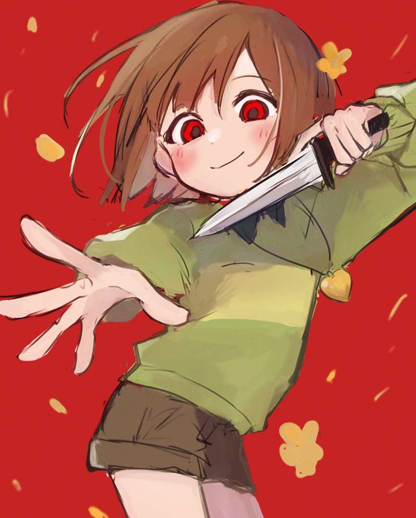 1other, brown_hair, brown_shorts, chara_(undertale), empty_eyes, green_sweater, highres, holding