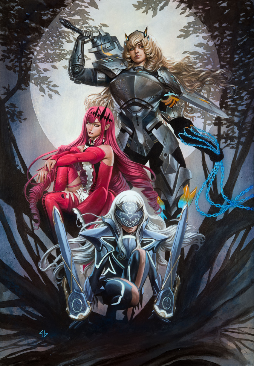 3girls, absurdres, adi_granov, armor, baobhan_sith_(fate), baobhan_sith_(first_ascension)_(fate), barghest_(fate), barghest_(first_ascension)_(fate)