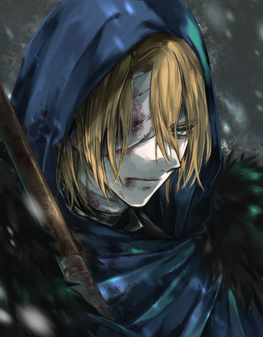 1boy, bandaged_head, bandages, black_fur, blonde_hair, blood, blood_on_bandages, blood_on_face