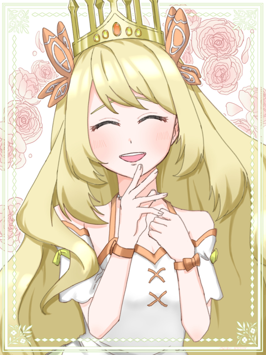 bare_shoulders, blonde_hair, bow, butterfly_hair_ornament, celine_(fire_emblem), closed_eyes, crown, dress, facing_viewer, fire_emblem, fire_emblem_engage, floral_background, hair_ornament, highres, long_hair, official_alternate_costume, open_mouth, orange_bow, shii_atelier, short_sleeves, teeth, upper_body, upper_teeth_only, very_long_hair, white_dress, wrist_bow