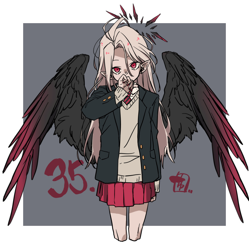 1girl, absurdres, ahoge, angel, angel_wings, black_halo, black_jacket, black_necktie, black_wings, blazer, chiwa_(fcwv5738), collared_shirt, commentary_request, cropped_legs, fallen_angel, feathered_wings, gradient_wings, halo, hand_on_own_face, hand_on_own_hip, highres, jacket, long_hair, looking_at_viewer, multicolored_halo, multicolored_wings, nail_polish, necktie, numbered, open_clothes, open_jacket, original, pleated_skirt, pointy_ears, red_eyes, red_halo, red_nails, red_necktie, red_skirt, red_wings, shirt, signature, skirt, solo, striped_necktie, sweater_vest, white_hair, white_shirt, wings