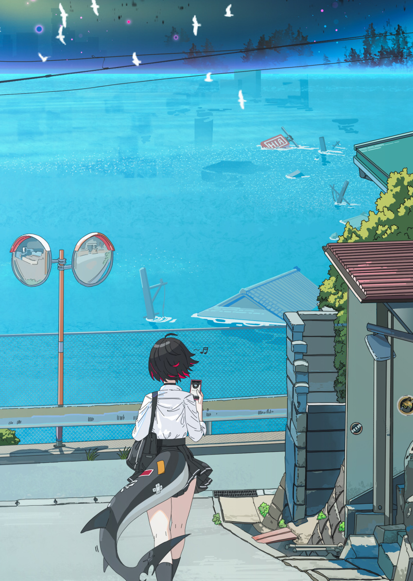1girl, absurdres, bag, beamed_sixteenth_notes, bird, black_bag, black_hair, black_skirt