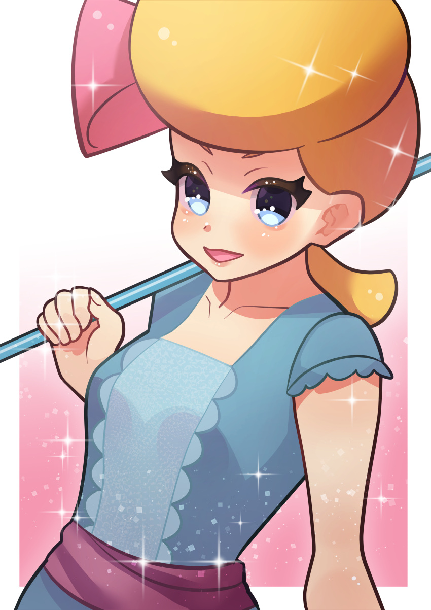 1girl, absurdres, blonde_hair, blue_eyes, bo_peep_(toy_story), breasts, hair_bun, highres, holding, ribbon, shirt, short_hair, short_sleeves, simple_background, single_hair_bun, smile, sparkle, toy_story, upper_body, user_szxa7873