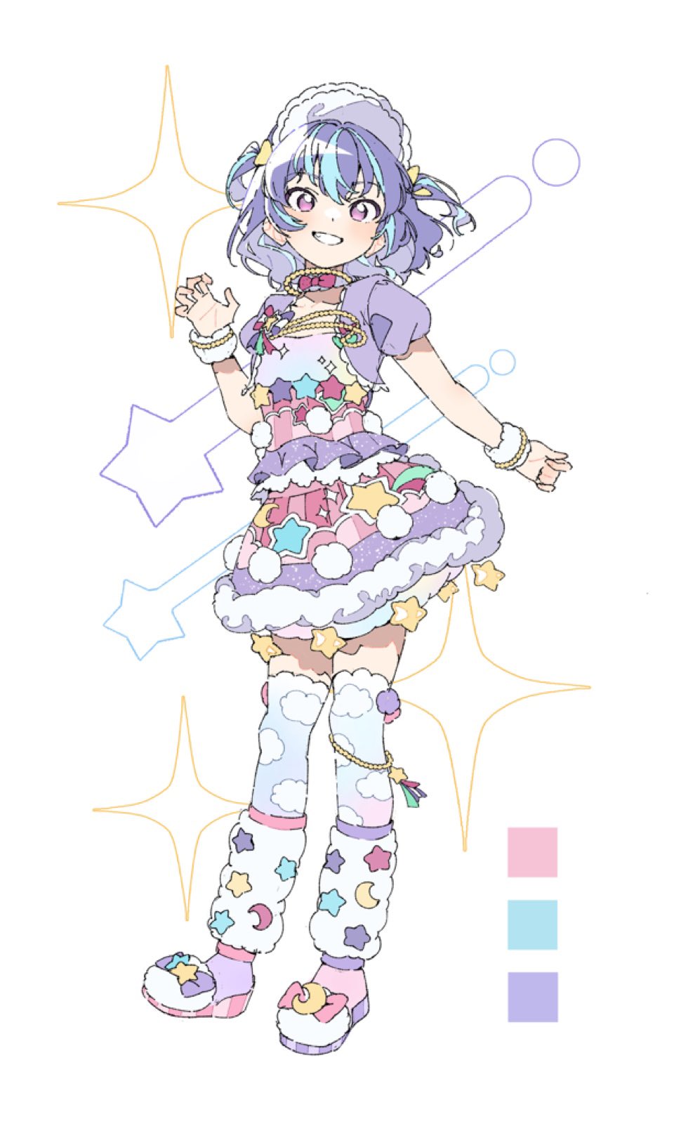 1girl, aikatsu!_(series), blue_hair, bow, commentary, crescent, full_body, fur-trimmed_skirt
