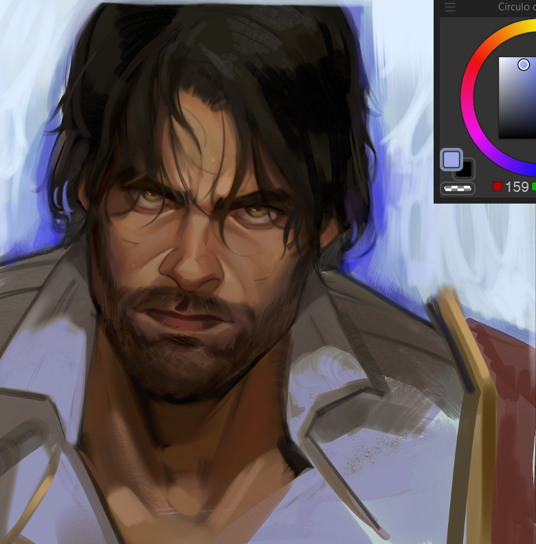 1boy, arcane:_league_of_legends, arcane_survivor_jayce, art_program_in_frame, beard, brown_eyes, brown_hair, closed_mouth
