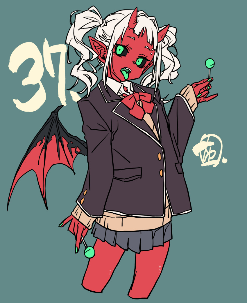 1girl, absurdres, black_jacket, black_sclera, black_wings, blazer, blue_skirt, bow