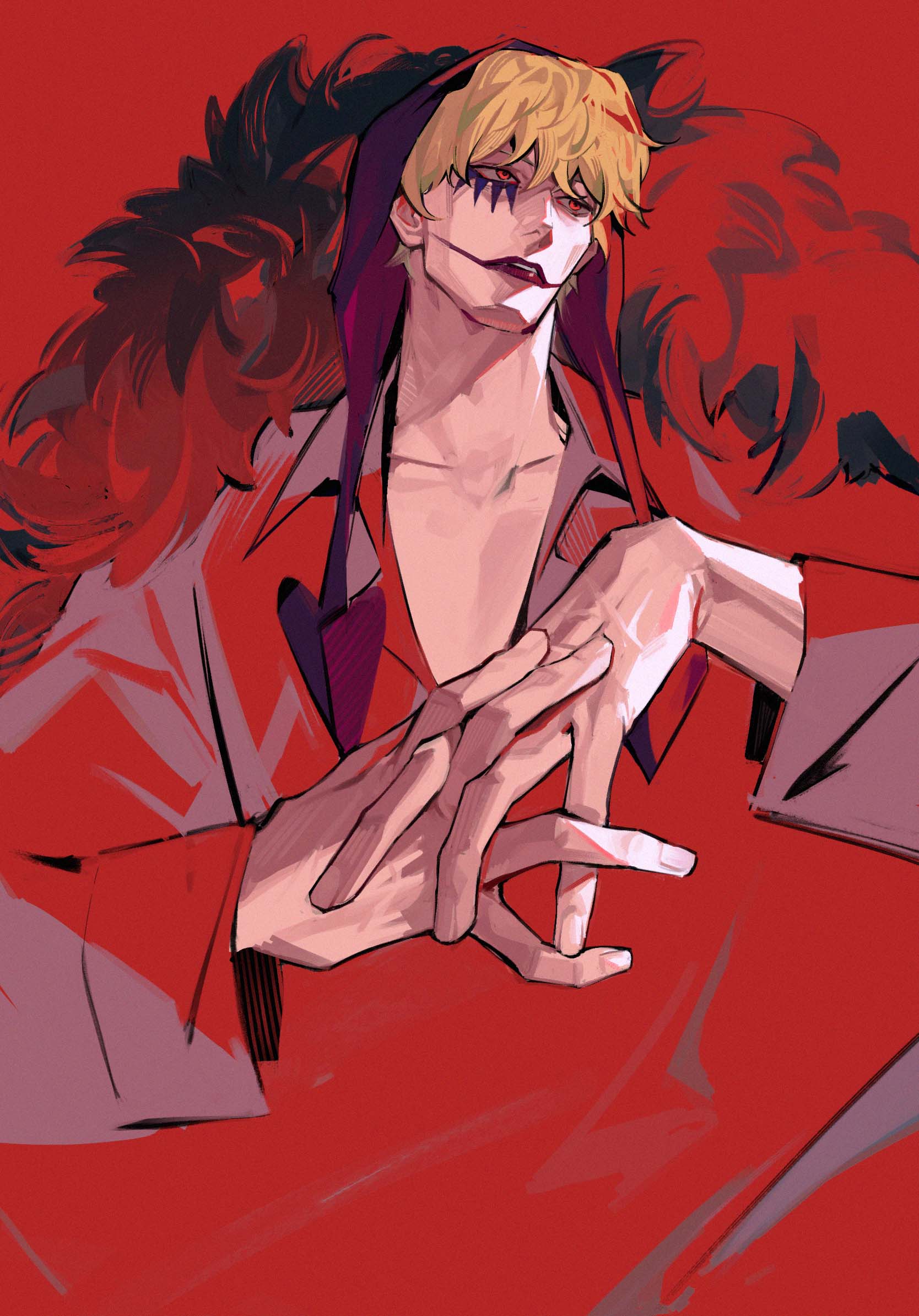 1boy, aquan_error, blending, blonde_hair, collared_shirt, commentary_request, donquixote_rocinante, feather_cape