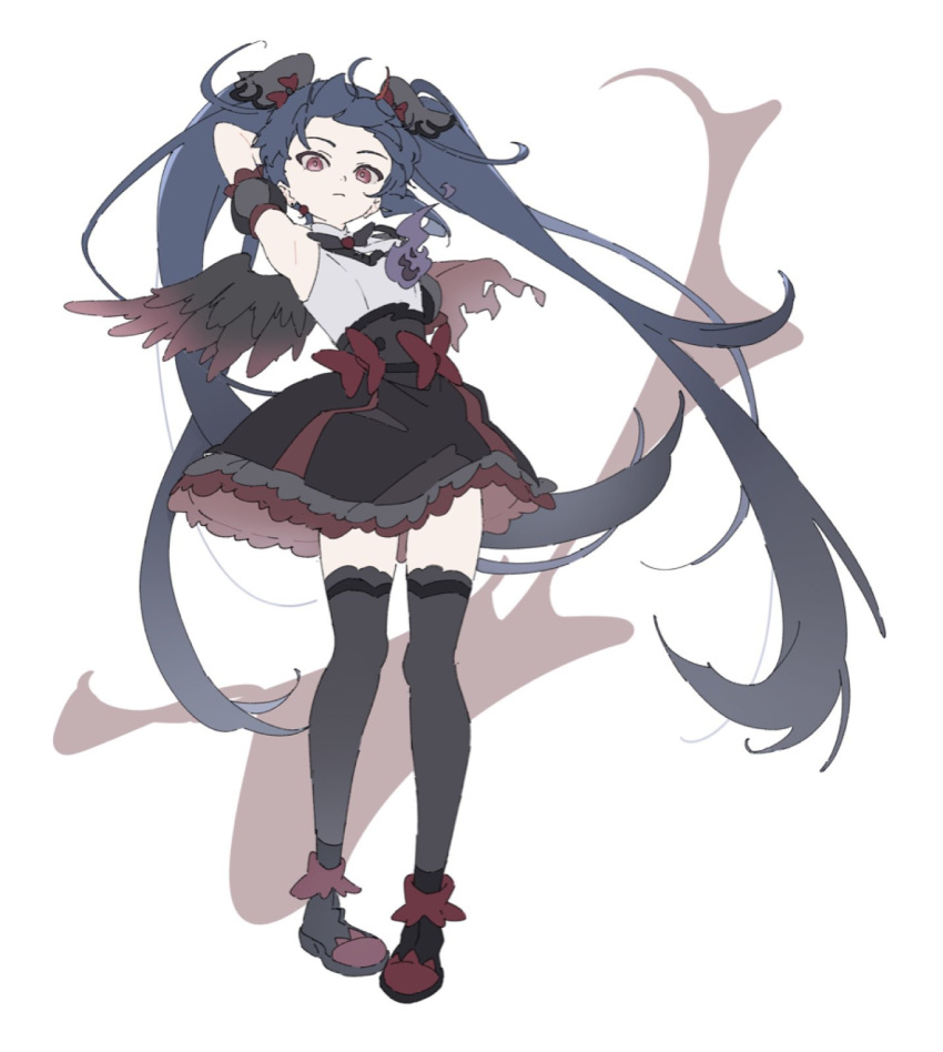 1girl, arm_behind_head, arm_up, black_footwear, black_skirt, black_thighhighs, black_wings, blue_hair