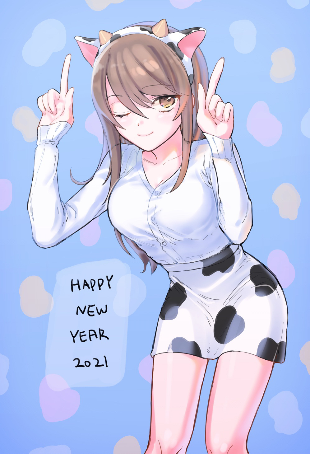100zi, animal_print, breasts, brown_eyes, brown_hair, closed_mouth, collarbone, cow_ears_hairband, cow_print, girls_und_panzer, happy_new_year, highres, large_breasts, mika_(girls_und_panzer), miniskirt, one_eye_closed, pencil_skirt, pointing, pointing_up, shirt, skirt, smile, white_shirt