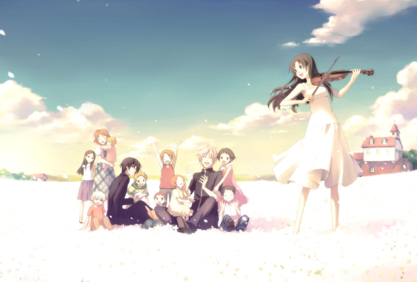 bad_id, bow_(instrument), brown_hair, character_request, child, cloud, clouds, dress