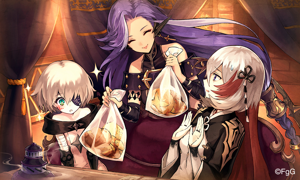 3girls, ahat_(ta_ga_tame_no_alchemist), bread, censer, closed_mouth, commentary, copyright_notice, couch