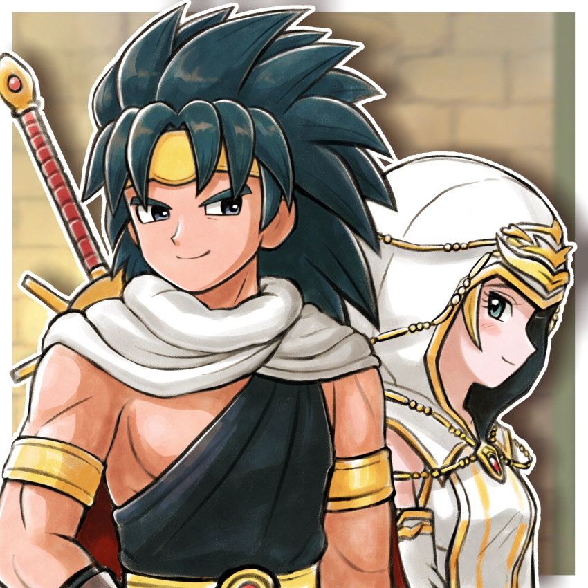 1boy, 1girl, alvin_(dq10), aqua_eyes, armlet, black_eyes, black_tunic, blonde_hair, blurry, blurry_background, border, cape, circlet, commentary_request, couple, detached_sleeves, dragon_quest, dragon_quest_x, gold_armlet, gold_circlet, green_hair, hetero, highres, hood, hood_up, jewelry, kamil_(dq10), long_hair, looking_at_another, looking_to_the_side, moyapippi, muscular, muscular_male, one-shoulder_tunic, profile, red_cape, smile, spiky_hair, sword, sword_on_back, tunic, two-sided_cape, two-sided_fabric, weapon, weapon_on_back, white_border, white_cape, white_hood, white_sleeves