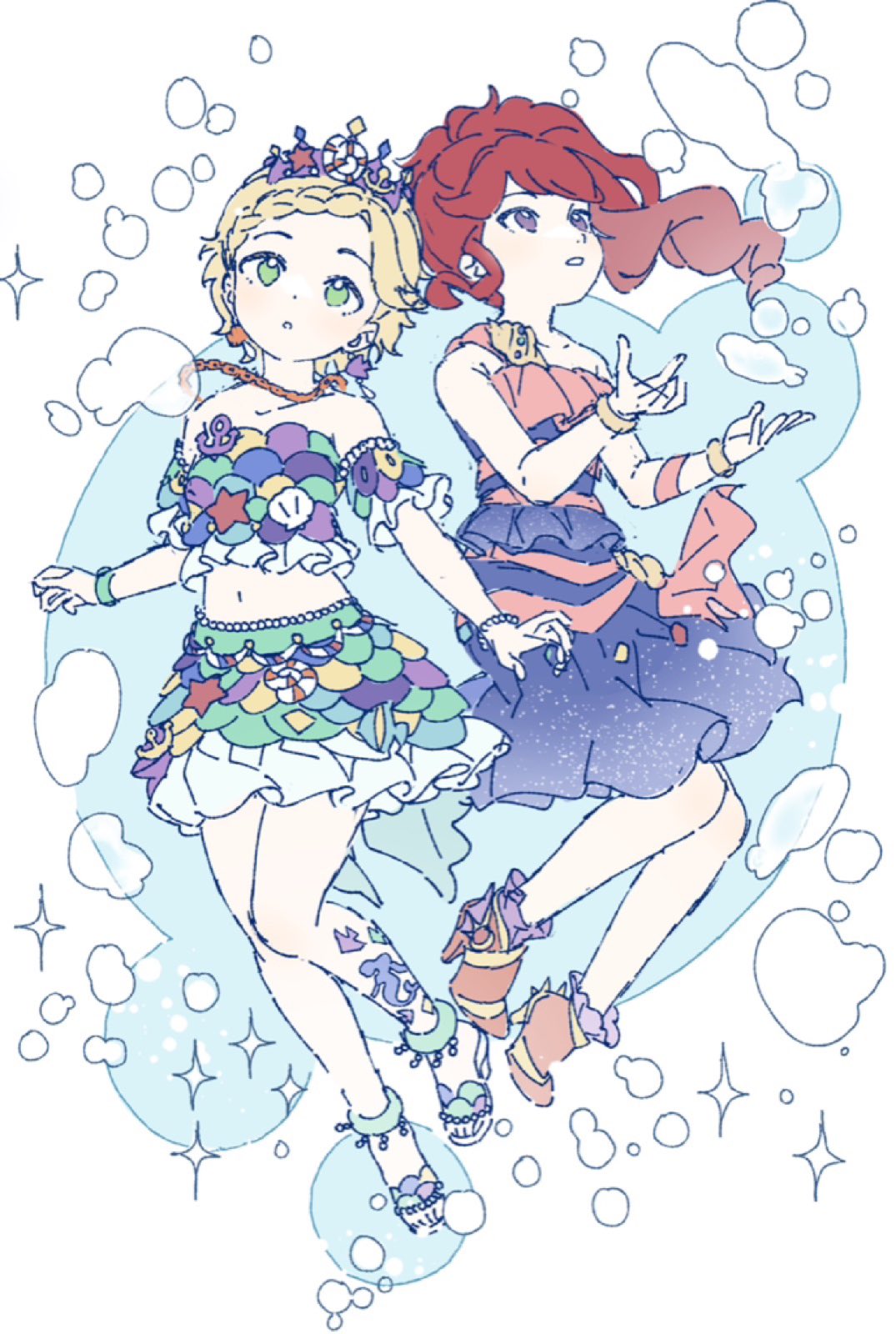 2girls, aikatsu!, aikatsu!_(series), air_bubble, bare_shoulders, blonde_hair, braid, bubble