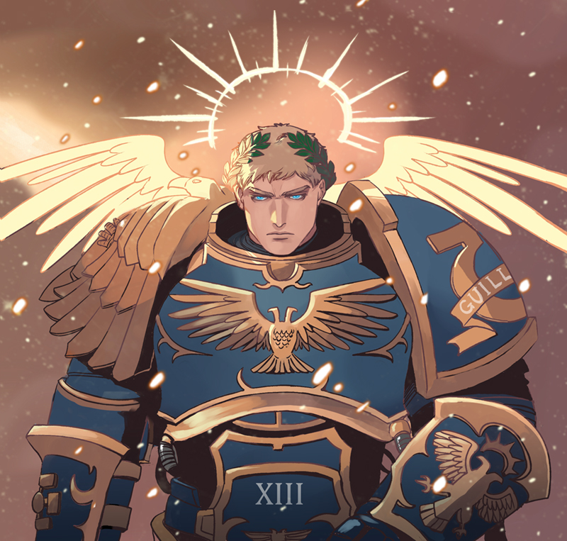 1boy, armor, blonde_hair, blue_eyes, closed_mouth, english_commentary, halo, imperium_of_man