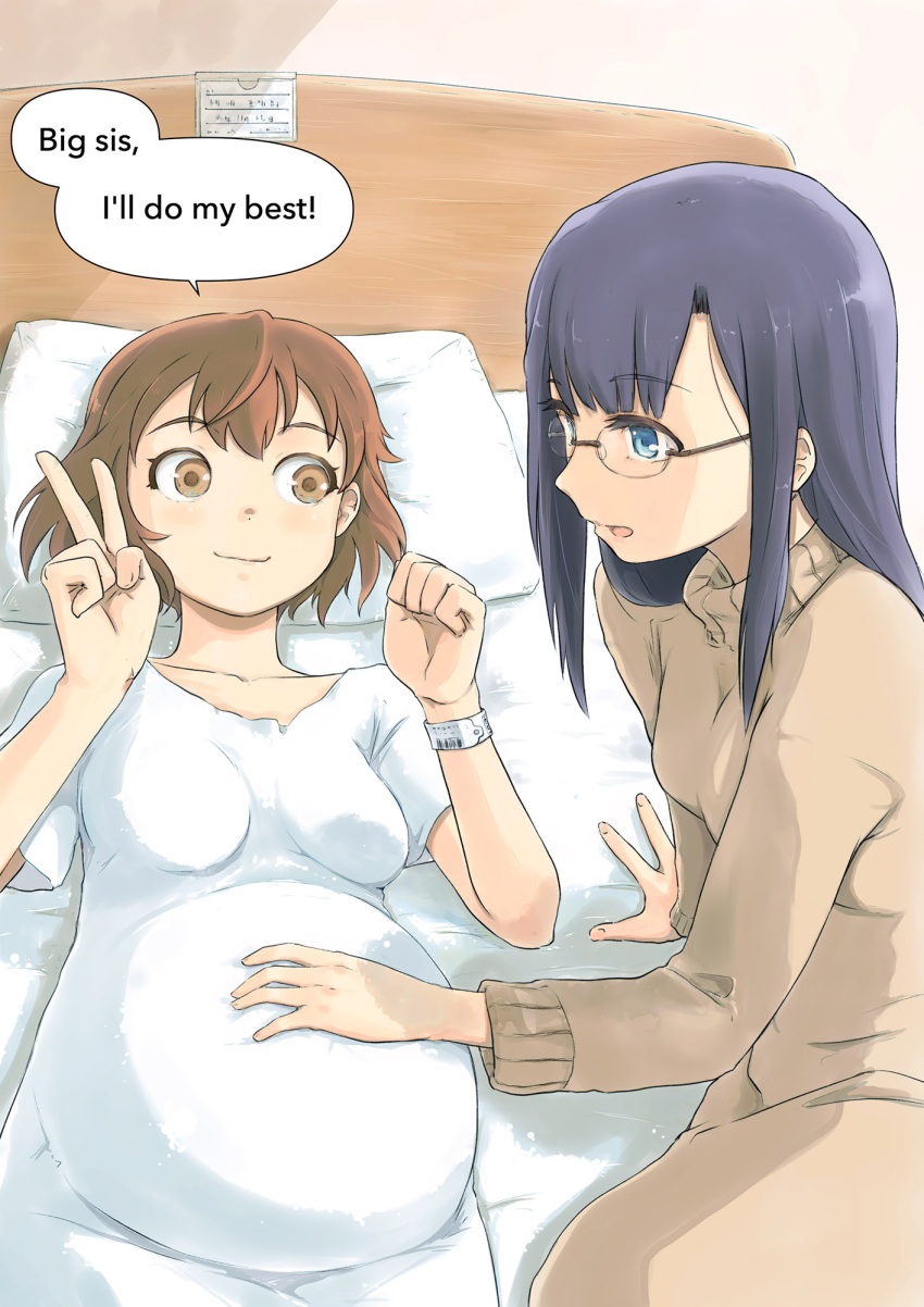 2girls, bed, big_belly, blue_eyes, breasts, brown_dress, brown_eyes, brown_hair