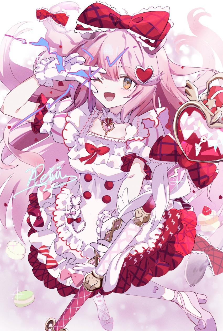 1girl, ;d, animal_ears, arknights, arm_up, bow, braid, breasts