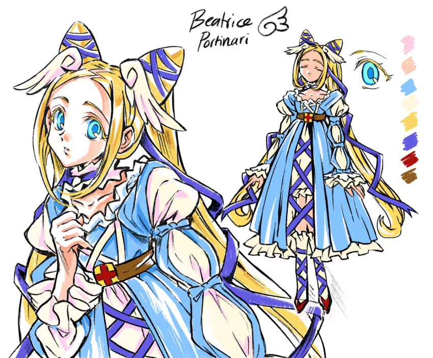 1girl, beatrice_porhnari_(hell_maiden), blonde_hair, blue_eyes, cone_hair_bun, dress, frilled_dress, frills