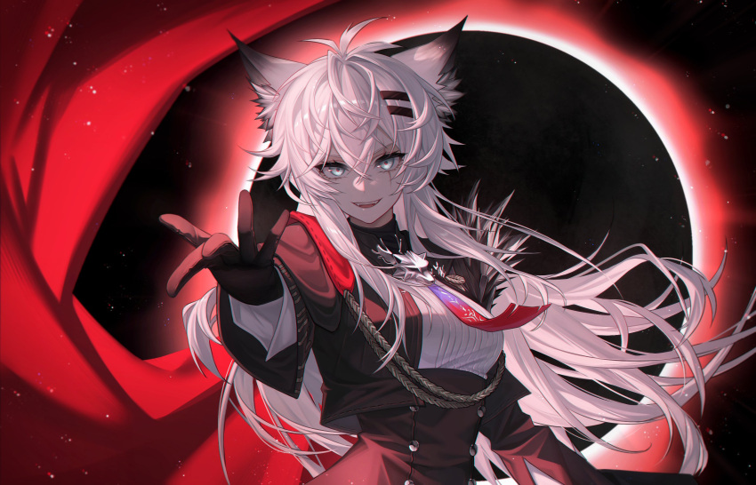 1girl, animal_ears, arknights, black_background, black_gloves, black_jacket, cape, commentary, cropped_jacket, crossed_bangs, eclipse, english_commentary, etru_faufau, gloves, grey_eyes, highres, jacket, lappland_(arknights), lappland_the_decadenza_(arknights), long_sleeves, looking_at_viewer, messy_hair, necktie, open_mouth, red_cape, red_necktie, scar, scar_across_eye, smile, solar_eclipse, solo, upper_body, white_hair, wolf_ears