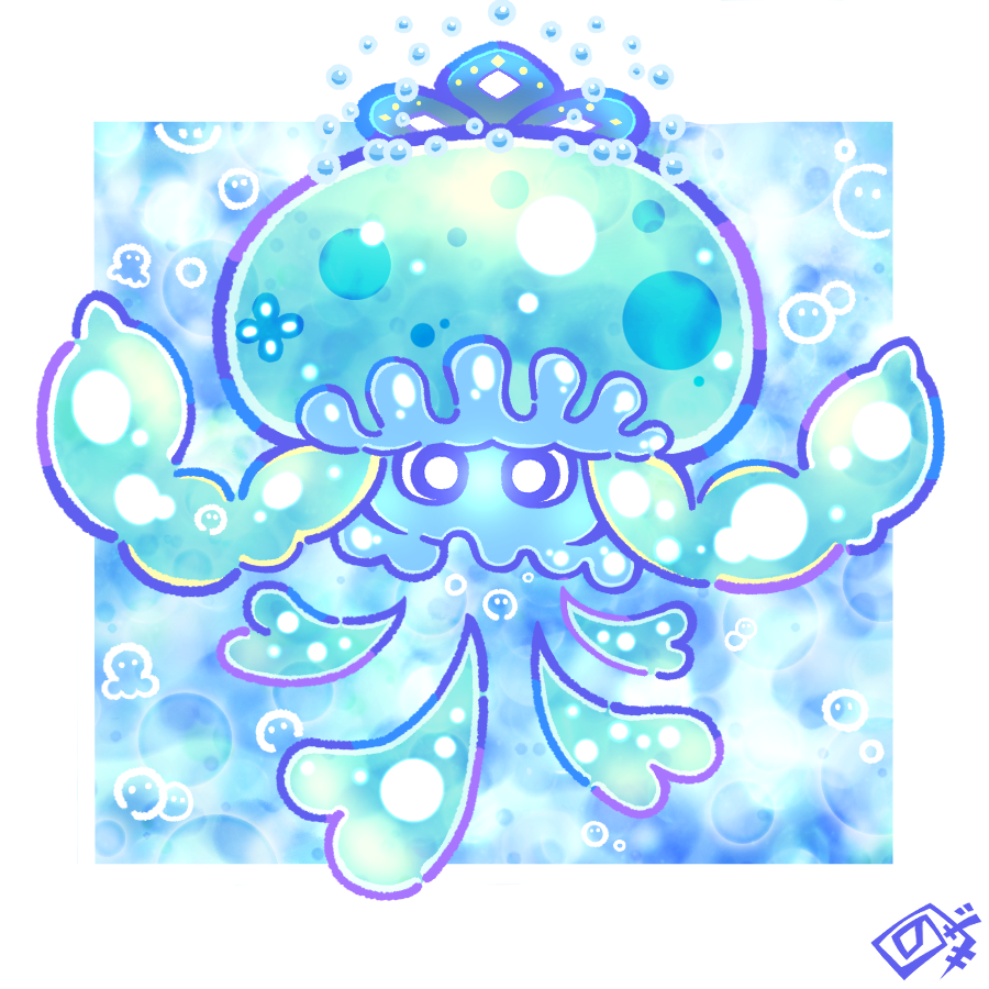 animal_focus, blue_eyes, blue_theme, bubble, duel_monster, floating, jellyfish, looking_at_viewer