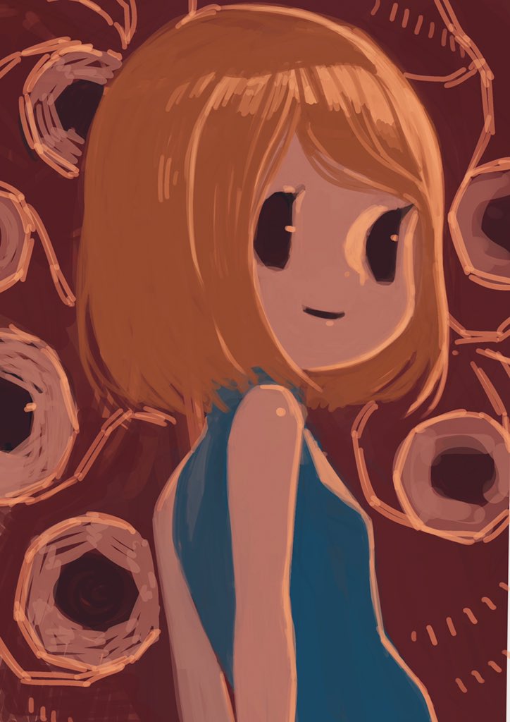 1girl, abstract_background, arms_behind_back, black_eyes, blonde_hair, blue_shirt, bob_cut, breasts, closed_mouth, commentary_request, from_side, kaerudouhu, kingyo_oukoku_no_houkai, looking_at_viewer, looking_to_the_side, mob_face, red_background, shirt, short_hair, sleeveless, sleeveless_shirt, small_breasts, smile, solid_oval_eyes, solo, swept_bangs, turtleneck, turtleneck_shirt, upper_body, yuka_(kingyo_oukoku_no_houkai)