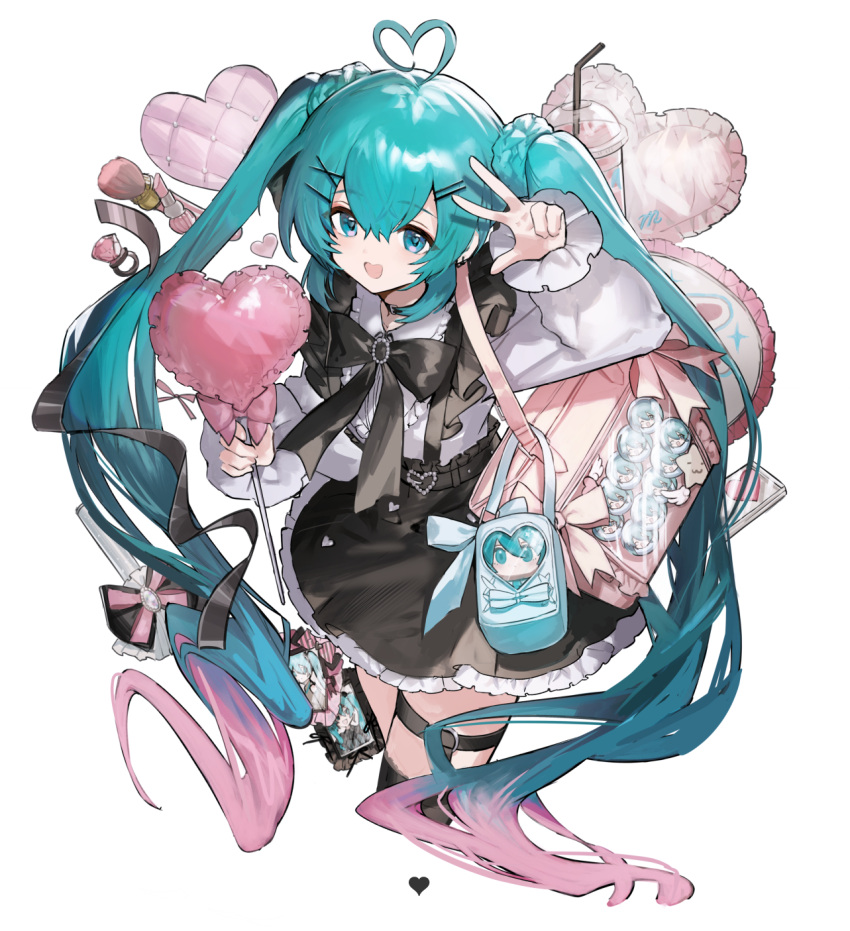 1girl, ahoge, aqua_eyes, aqua_hair, balloon, black_bow, black_choker, black_skirt