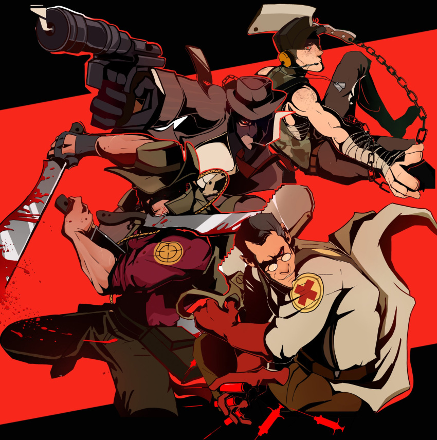 4boys, adapted_costume, balaclava, baseball_cap, black_hair, blood, blood_on_weapon, bonesaw