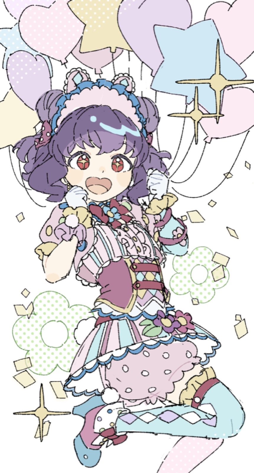 +_+, 1girl, :d, aikatsu!_(series), balloon, blue_thighhighs, center_frills, frilled_thighhighs