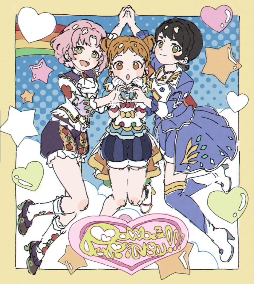 3girls, :d, :o, aikatsu!, aikatsu!_(series), arisugawa_otome, arm_up, black_hair