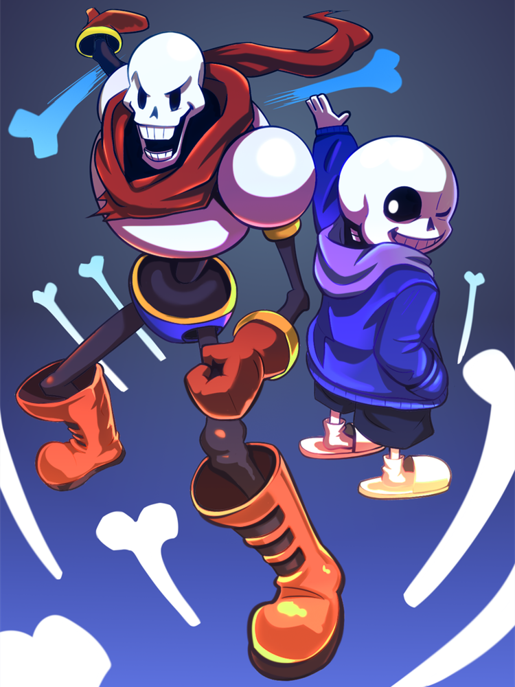2016, 2boys, 2d, arm_up, blue_jacket, blue_shorts, bone, boots
