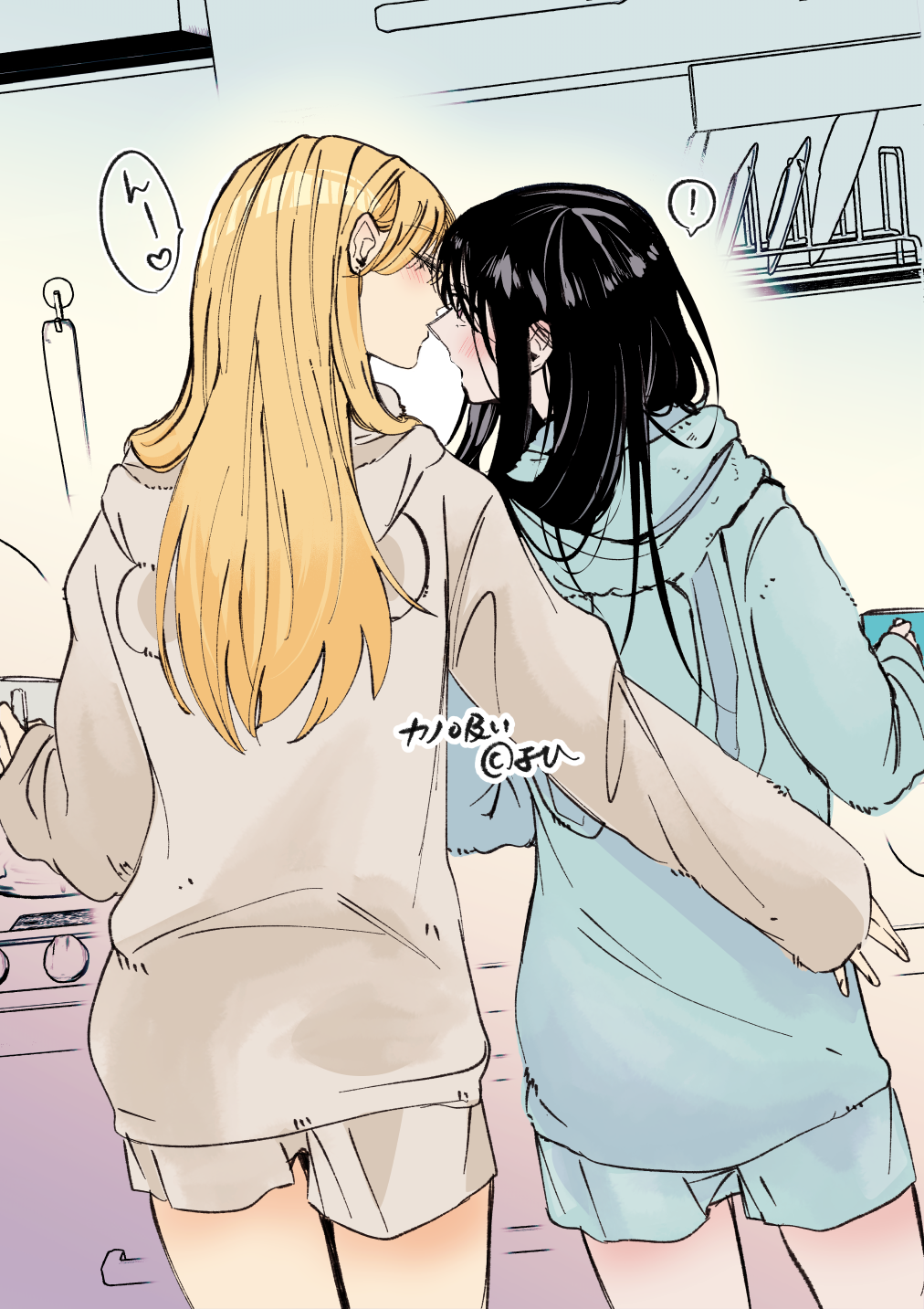 !, 2girls, akagayohi, black_hair, blonde_hair, blue_hoodie, blue_shorts, blush