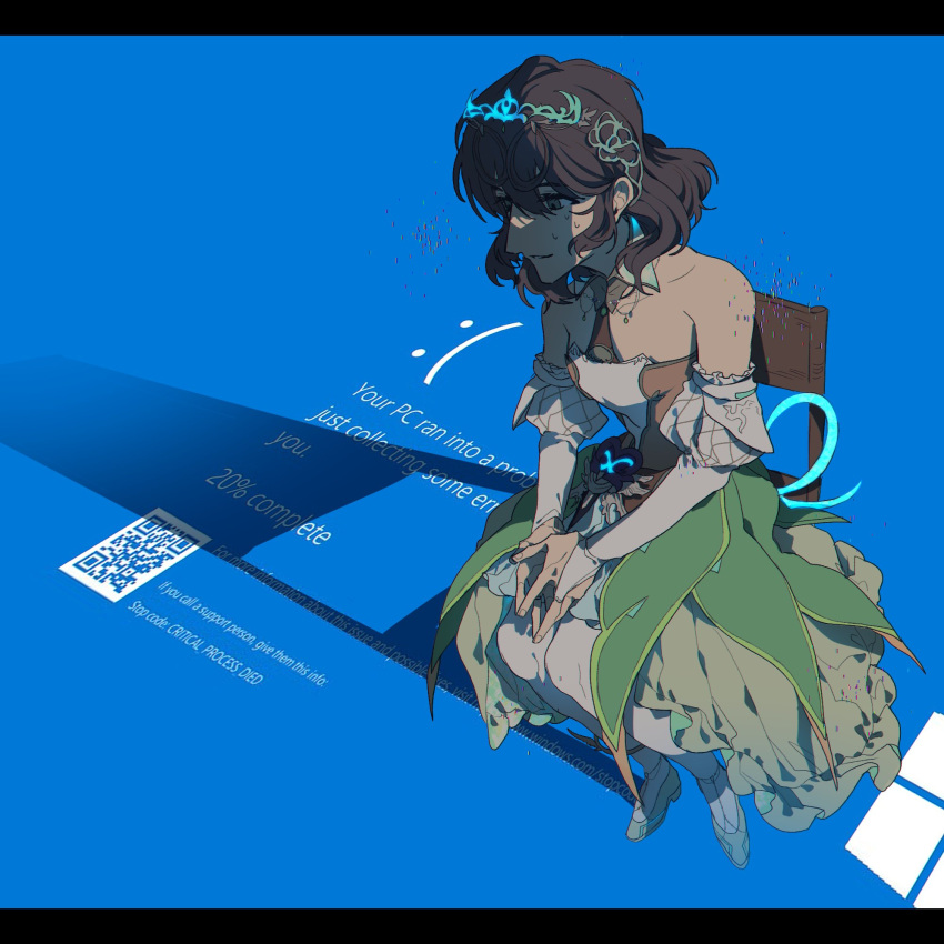 1girl, blue_background, blue_screen_of_death, bridal_gauntlets, chair, commentary_request, detached_sleeves, dress, fa_be2236, final_fantasy, final_fantasy_xiv, glitch, green_dress, grey_hair, highres, korean_commentary, medium_hair, microsoft_windows, off-shoulder_dress, off_shoulder, on_chair, own_hands_together, parted_lips, qr_code, simple_background, sitting, solo, sphene_(ff14), sweat, tiara, white_sleeves